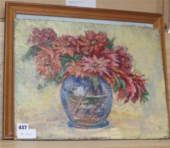 English School, oil on canvas laid on board, Still life of flowers in a vase, 35 x 45cm, unframed and a coastal